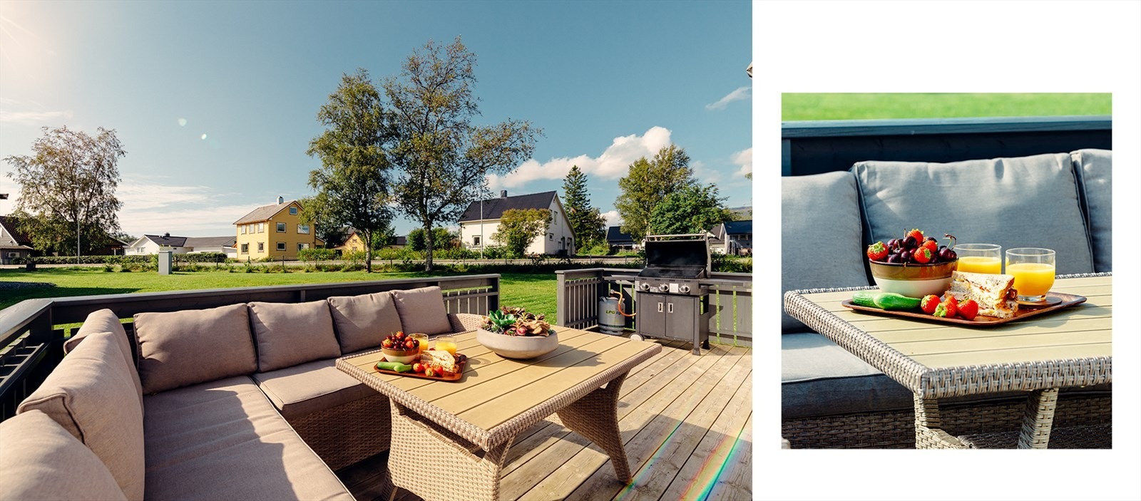 Vestvendt balkong/terrasse på 13 m2 med trapp til hagen. Gode lys og solforhold. Galleribilde