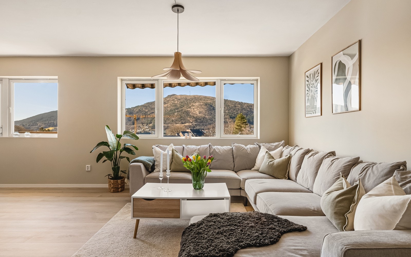 Herlig utsikt og meget gode lysforhold i stuen med vestvendte vinduer. Galleribilde