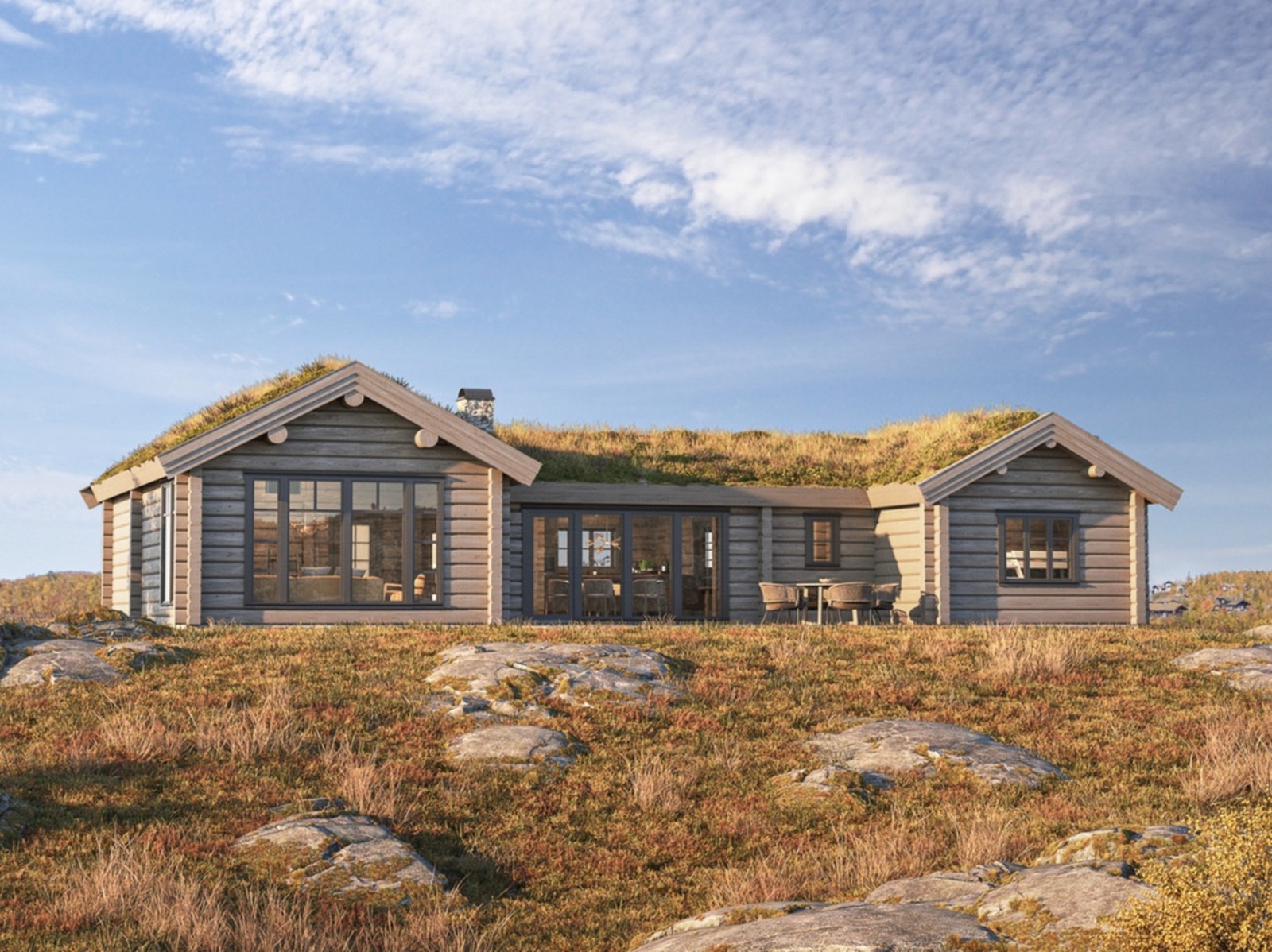 Teveldalshyttene er moderne hytter med to parallelle tømmerkasser med mellombygg. Illustrasjonsbilde Galleribilde