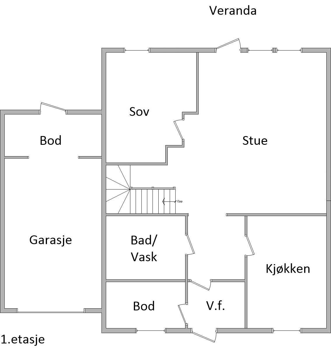 Plantegning fra 1. etasje. Gule kryss markerer vinduer som ble tegnet inn, men som ikke eksisterer. Galleribilde