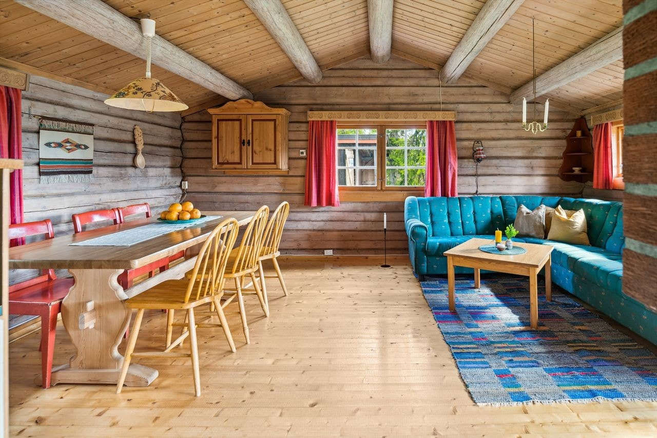 Meget trivelig stue med synlige åser og vakre tømmervegger Galleribilde