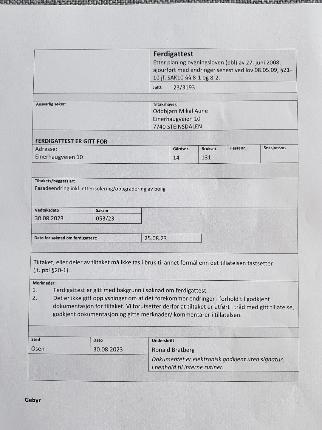 Ferdigattest Einerhaugveien 10. Galleribilde