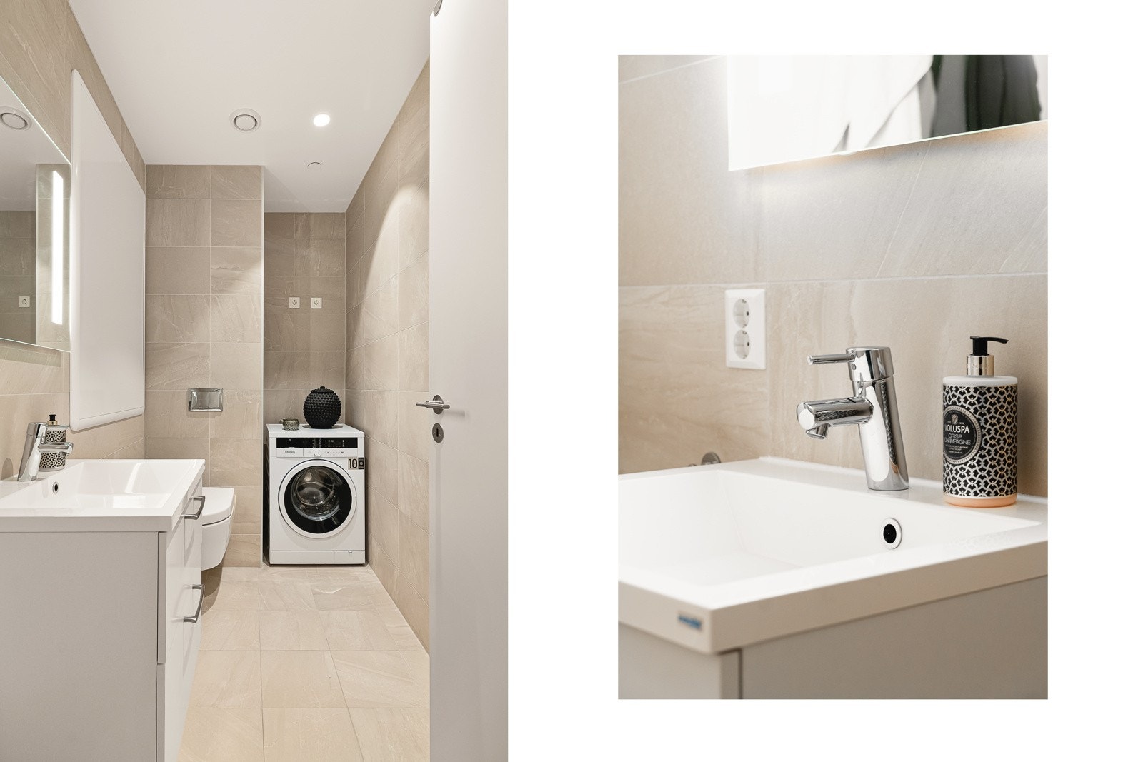 Leiligheten har et praktsik toalettrom med tilkomst fra gang. Her er det opplegg for vaskemaskin. Galleribilde