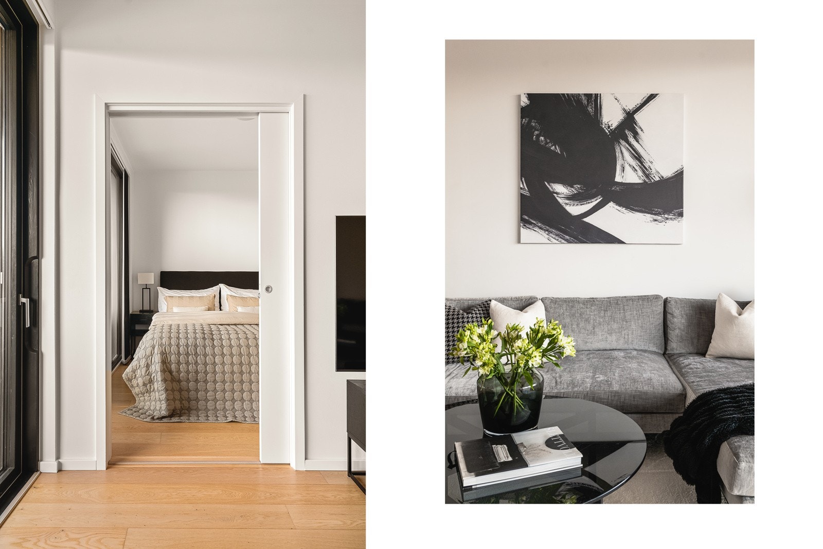 Fra stuen er det skyvedør inn på soverommet. Galleribilde