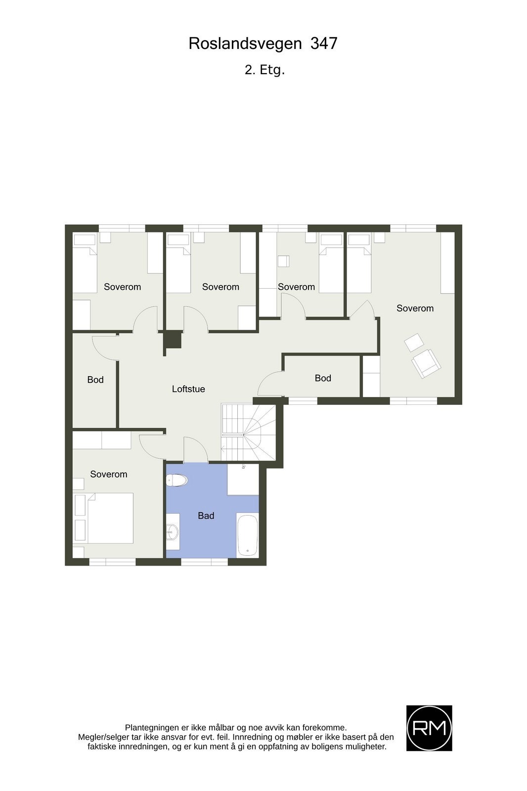 Plantegning 2. etasje. Ene bod i 2. etasje er avlåst. Galleribilde