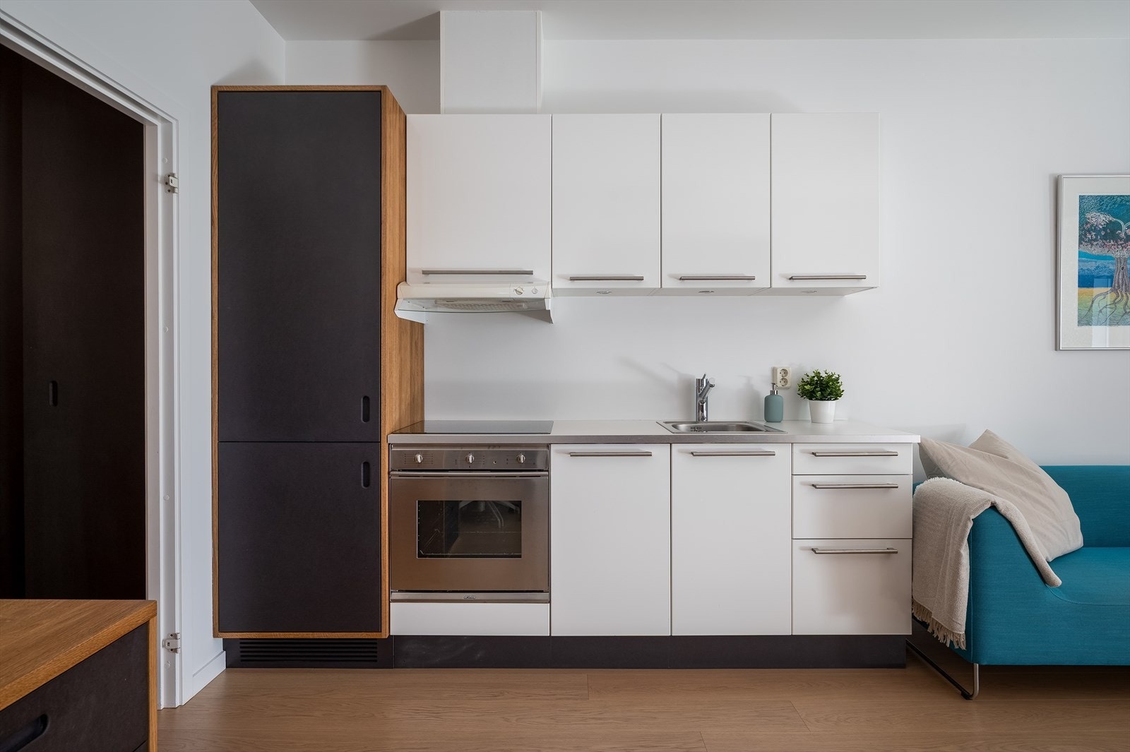 Tidløst kjøkken med integrerte hvitevarer som oppvaskmaskin, platetopp, stekeovn fra SMEG og kombiskap fra AEG. Galleribilde