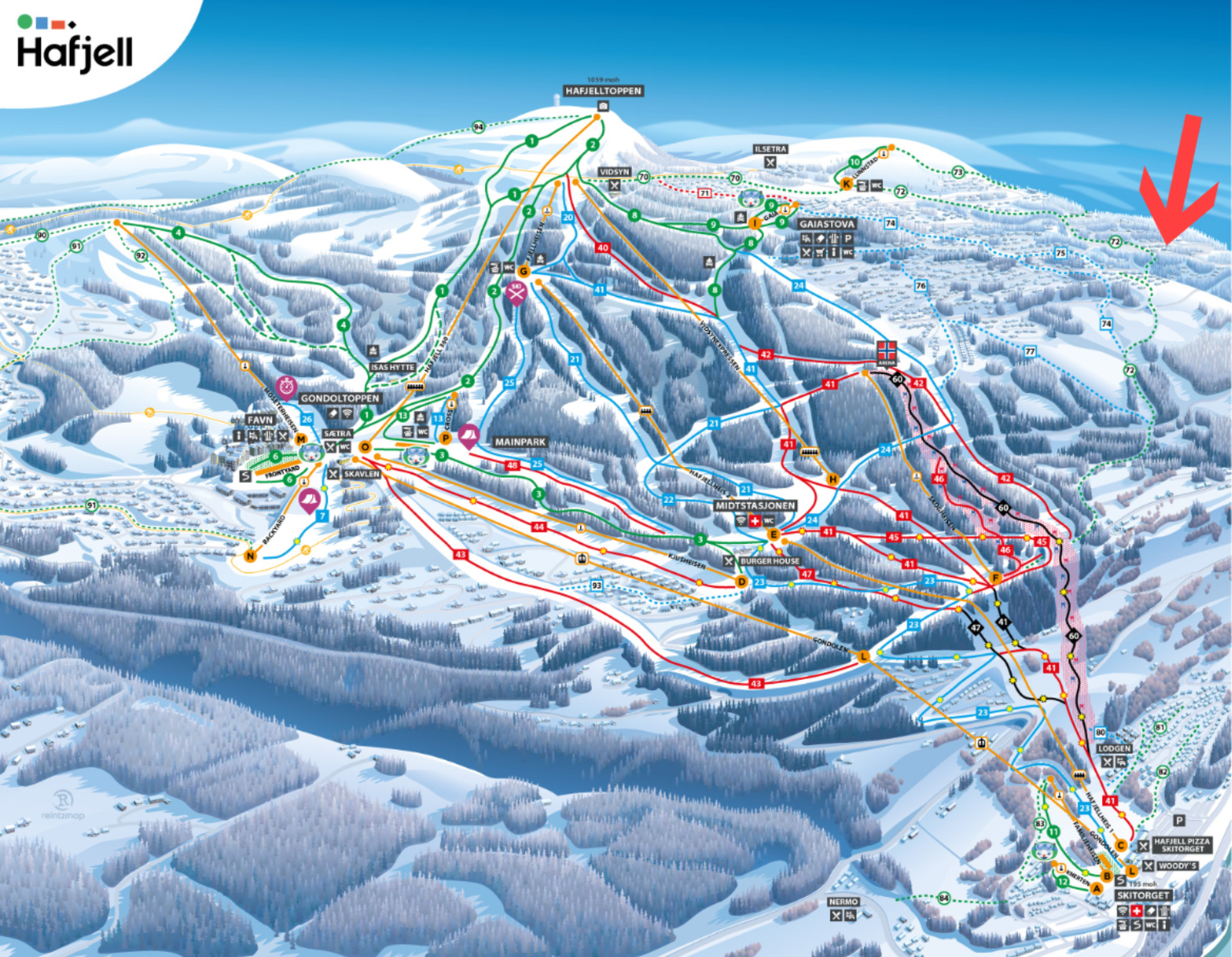 Hytteområdets ca plassering i forhold til alpinbakken på Hafjell. Grønn stiplet linje er tilførselløype. Galleribilde