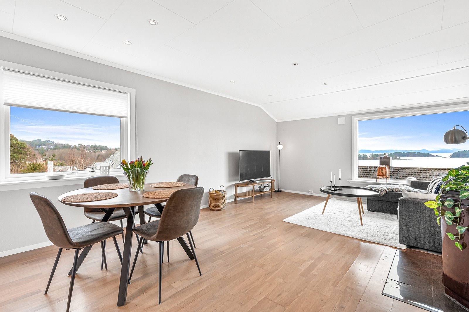 Leiligheten har et stort oppholdsrom, med store vinduer og vedovn. Galleribilde