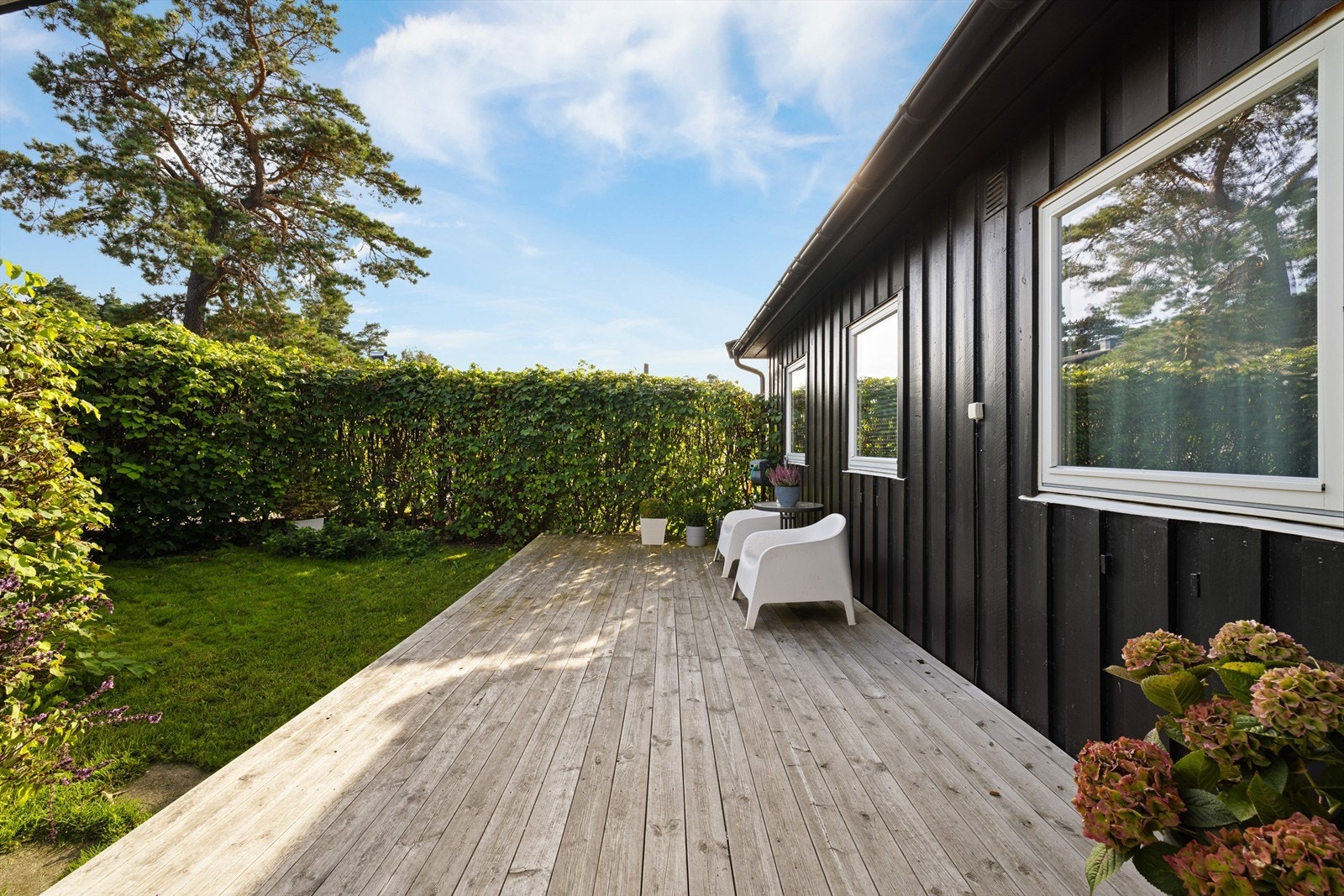 Bladfylt hekk både ivaretar privatlivet og gjør plattingen til et skjermet alternativ til terrassen på motsatt side. Galleribilde