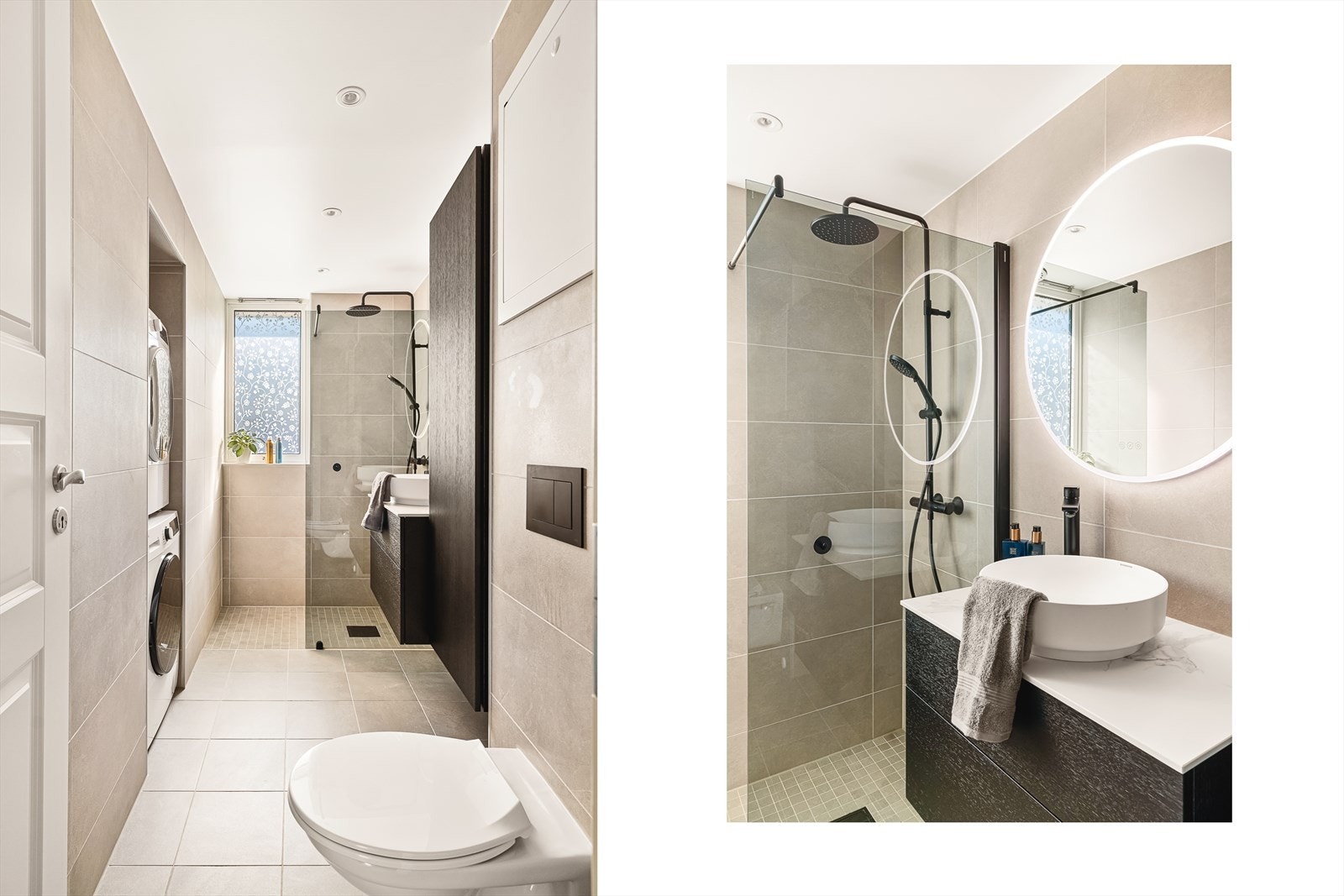 Baderommet ble pusset opp i 2024 i regi av borettslaget, og er helfliset med varme i gulvet. Det er eget innhuk for vaskemaskin og tørketrommel på baderommet. Galleribilde