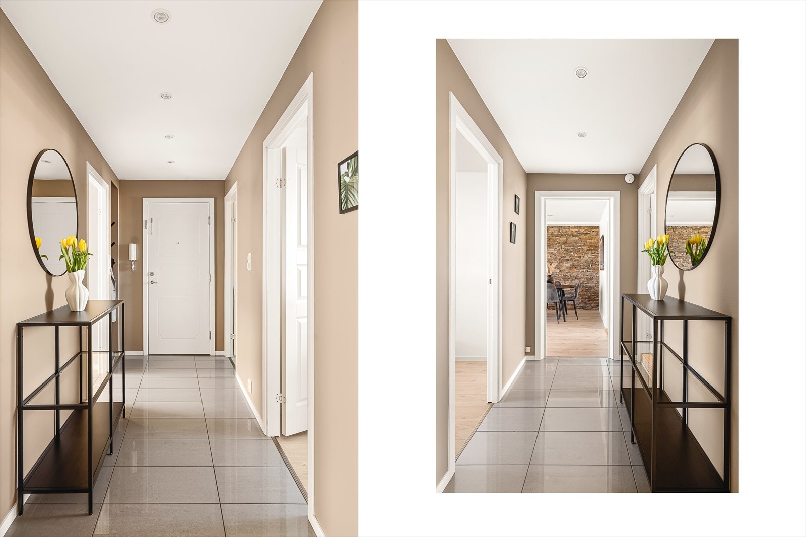 Det første man kommer til er en romslig gang som forgreiener seg til flere deler av leiligheten. I gangen er det god plass til sko og diverse ytterbekledning. Galleribilde