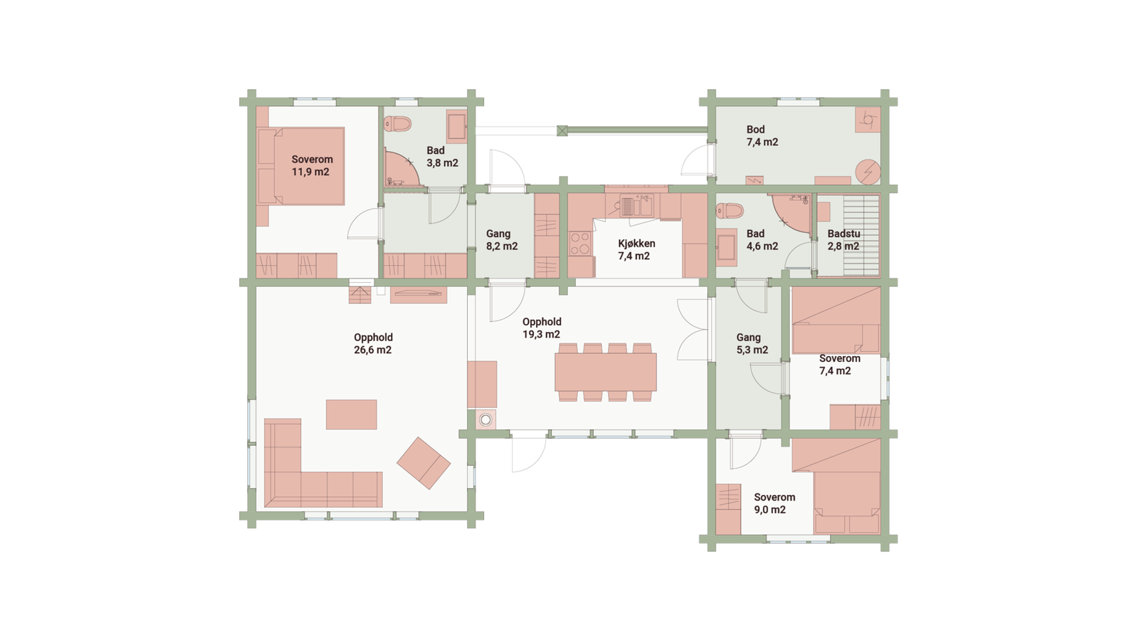 Plantegning hovedplan. Hytta har også en hems på 20m2 gulvareal Galleribilde