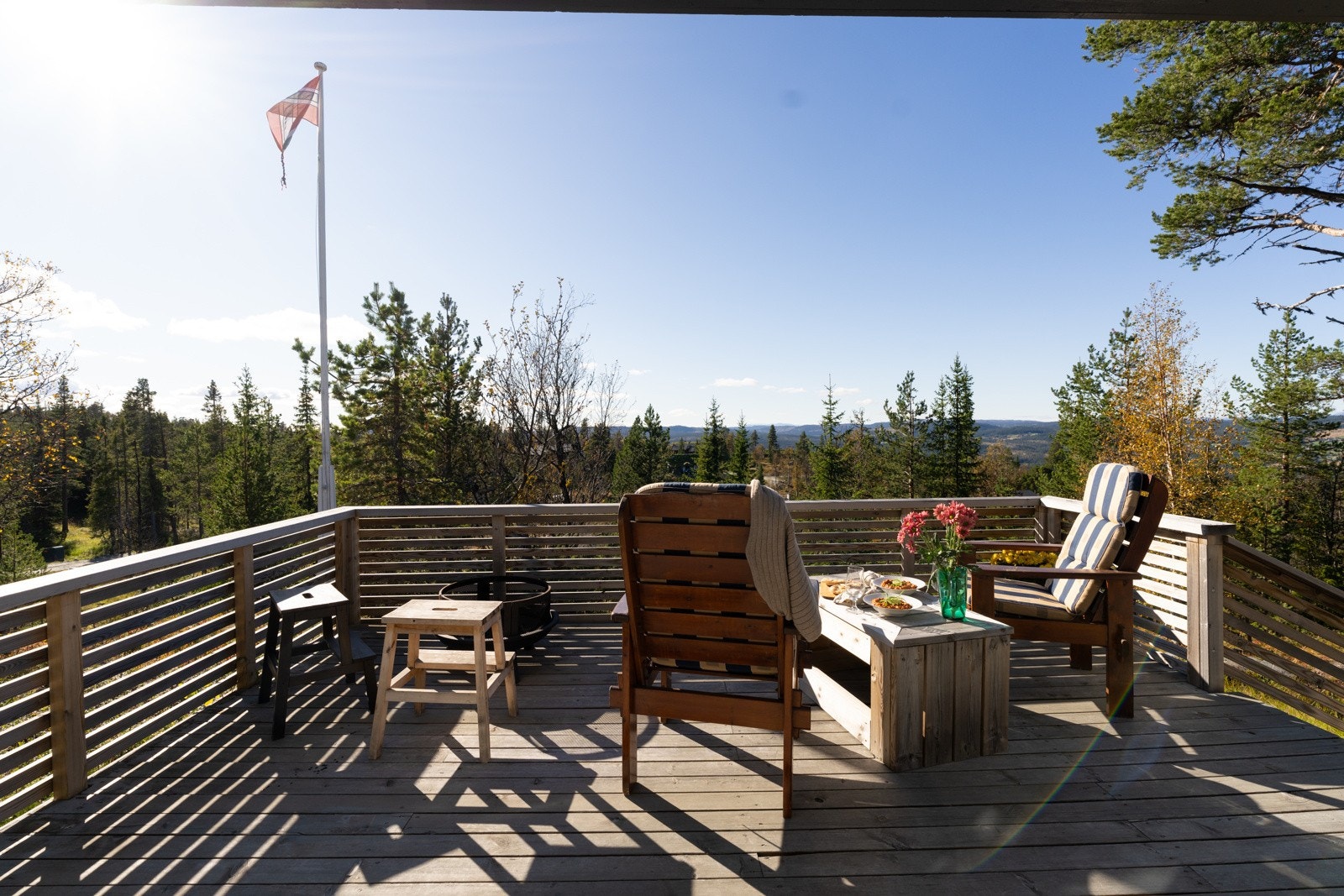 Uteplassen strekker seg rundt store deler av hytta kan man enkelt flytte seg etter solen og utnytte hver eneste stråle. Galleribilde