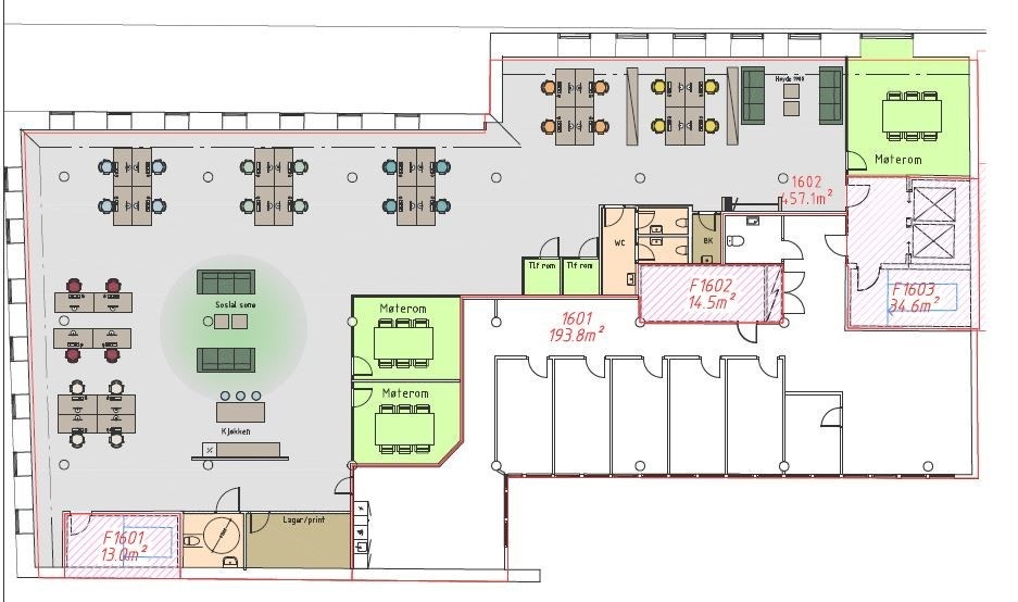 Forslag til planløsning med 28 arbeidsplasser. Ved andre løsninger kan det være plass til flere. Galleribilde