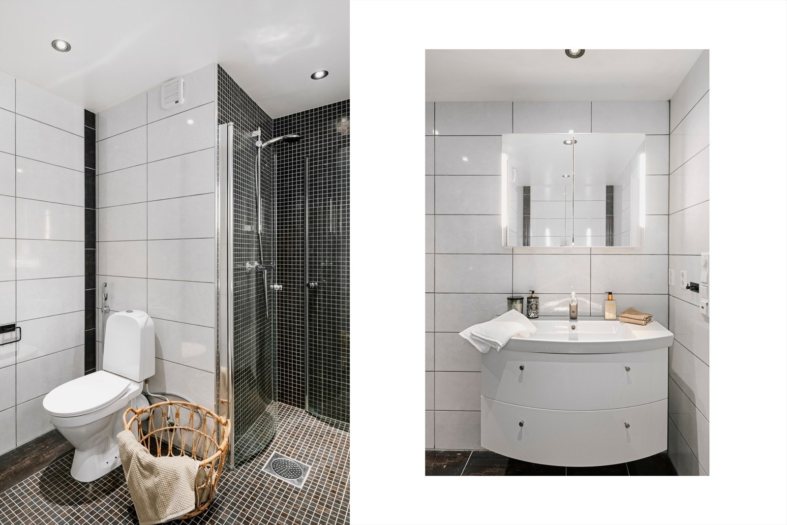 Badet er utstyrt med dusj, toalett og servant med innredning. Galleribilde