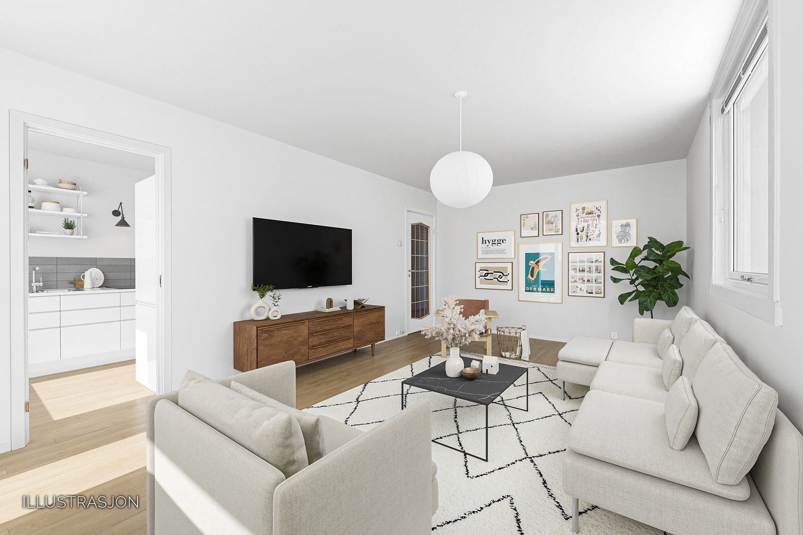 Digitalt oppusset stue og kjøkken. Galleribilde