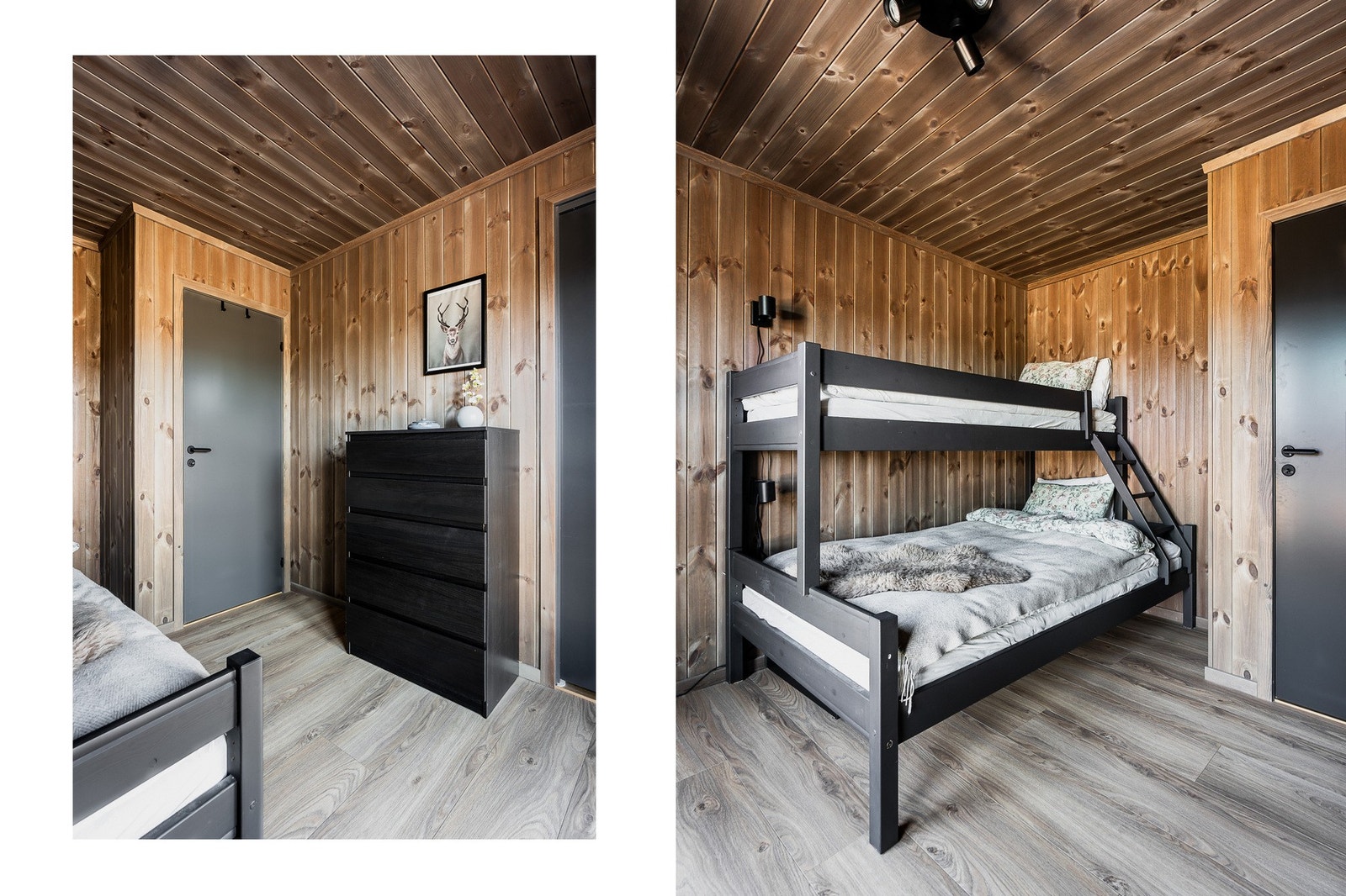 Laminat på gulv og beiset panel gir et moderne, men lunt uttrykk. Galleribilde