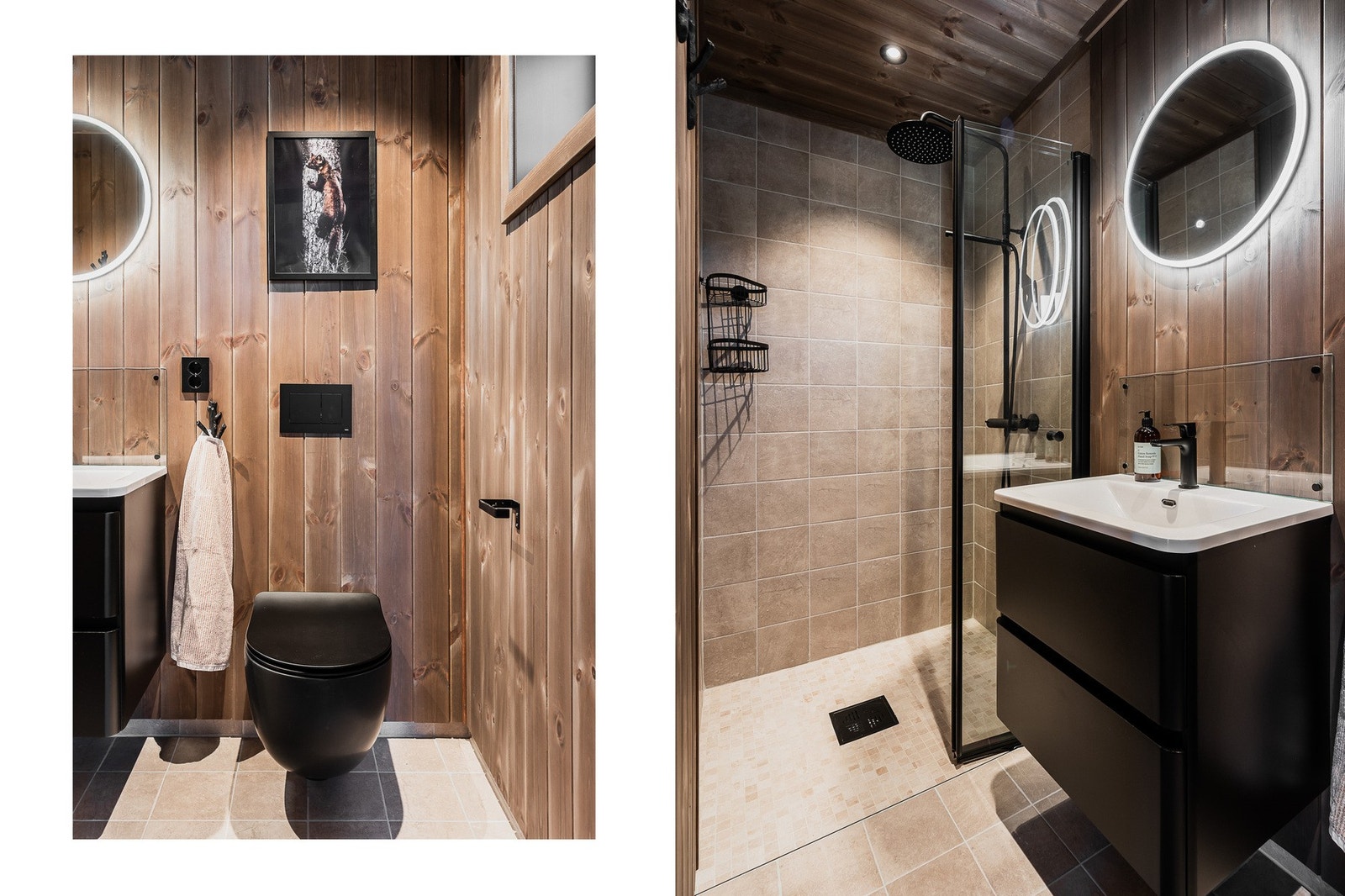 Det største badet er helfliset og har dusjhjørne, servant og toalett. Det andre badet fungerer godt som gjestebad og ligger praktisk til ved inngangen. Galleribilde