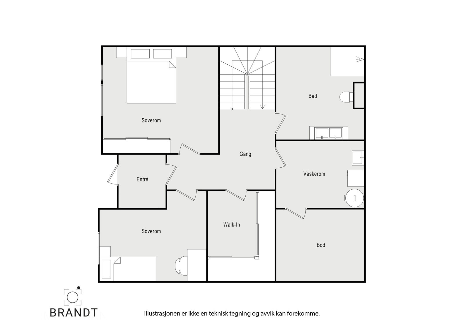 I underetasjen er det entrê, gang, to soverom, garderobe, bad, vaskerom og bod. Galleribilde