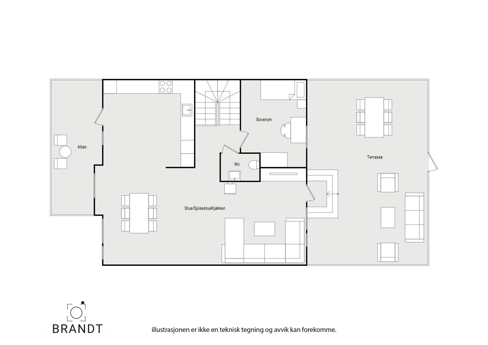 I hovedetasjen finner man trappegang, soverom, toalettrom og stue/kjøkken, samt altan og stor terrasse. Galleribilde