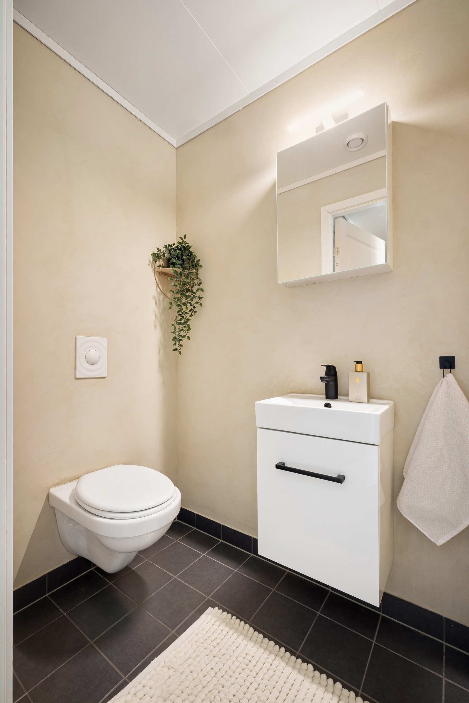 Badet er i boligens underetasje, men her i hovedetasjen er det et praktisk toalettrom med toalett, vask og speil. Galleribilde