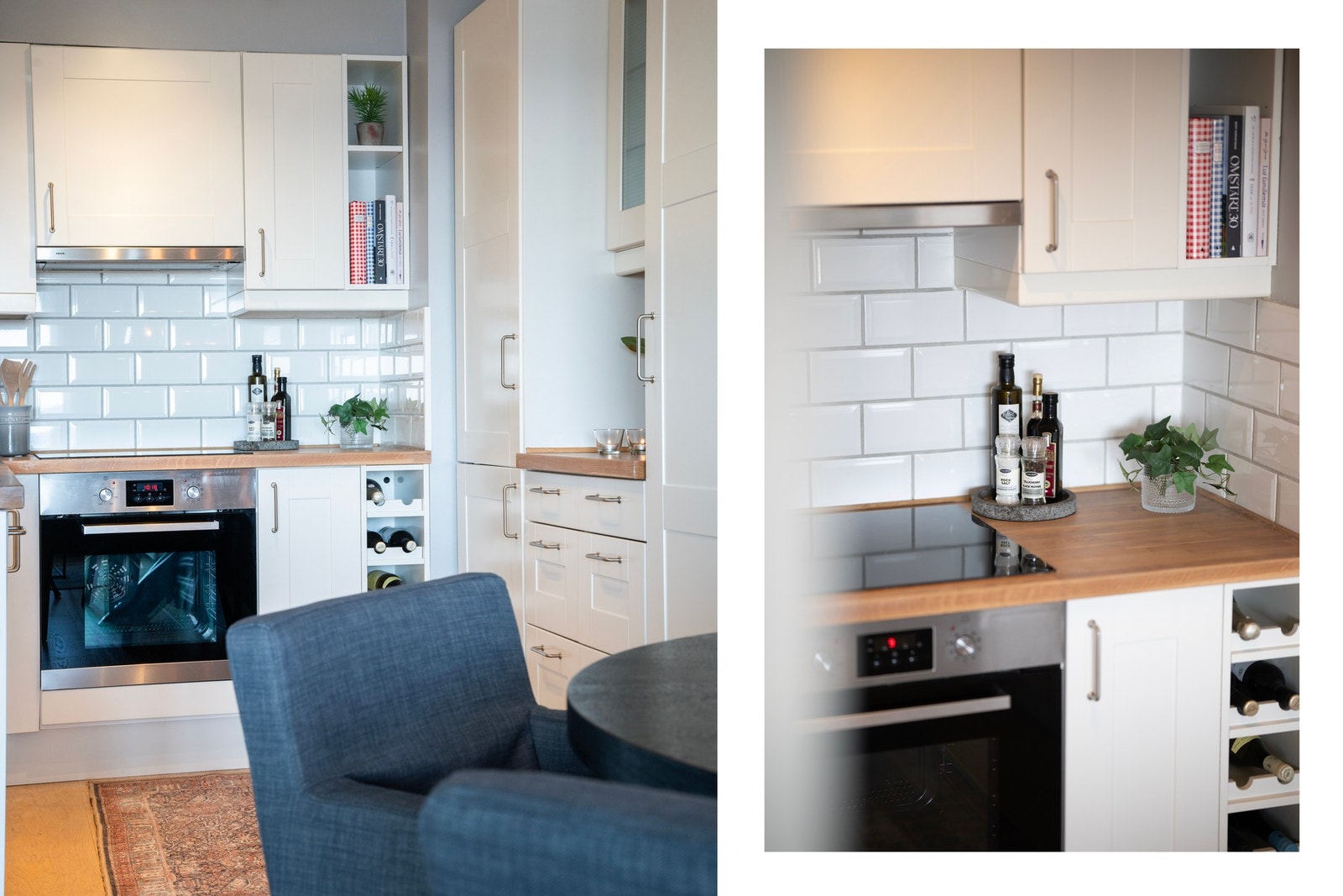 Komfyr og oppvaskmaskin er plassert under benk, mens kjøleskap med frysedel er integrert i innredningen. Oppvaskmaskin og kjøleskap ble byttet i 2019. Hvitevarene på kjøkkenet medfølger leiligheten. Galleribilde
