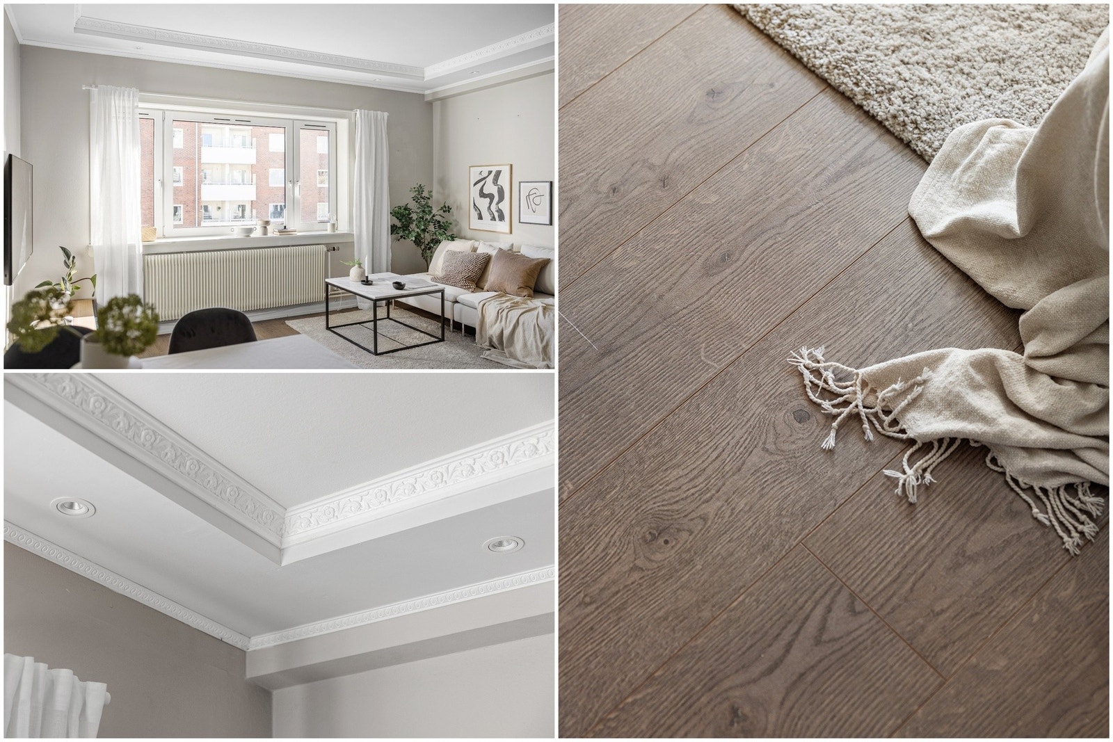 Lekre detaljer med 1-stavs parkettgulv og stukkatur/downlights i himling. Galleribilde