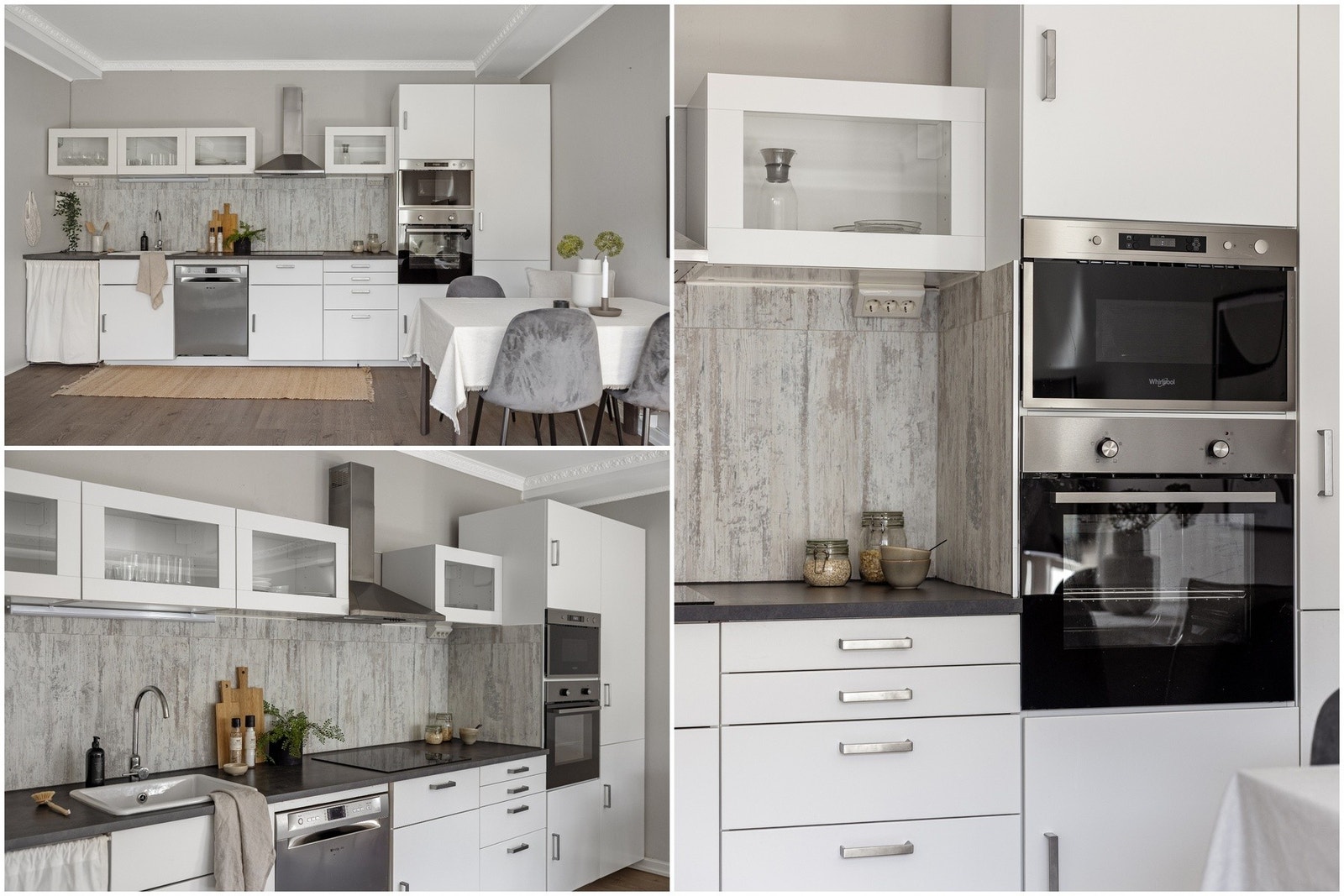 Kjøkkeninnredning med hvite fronter og laminat benkeplate. Galleribilde