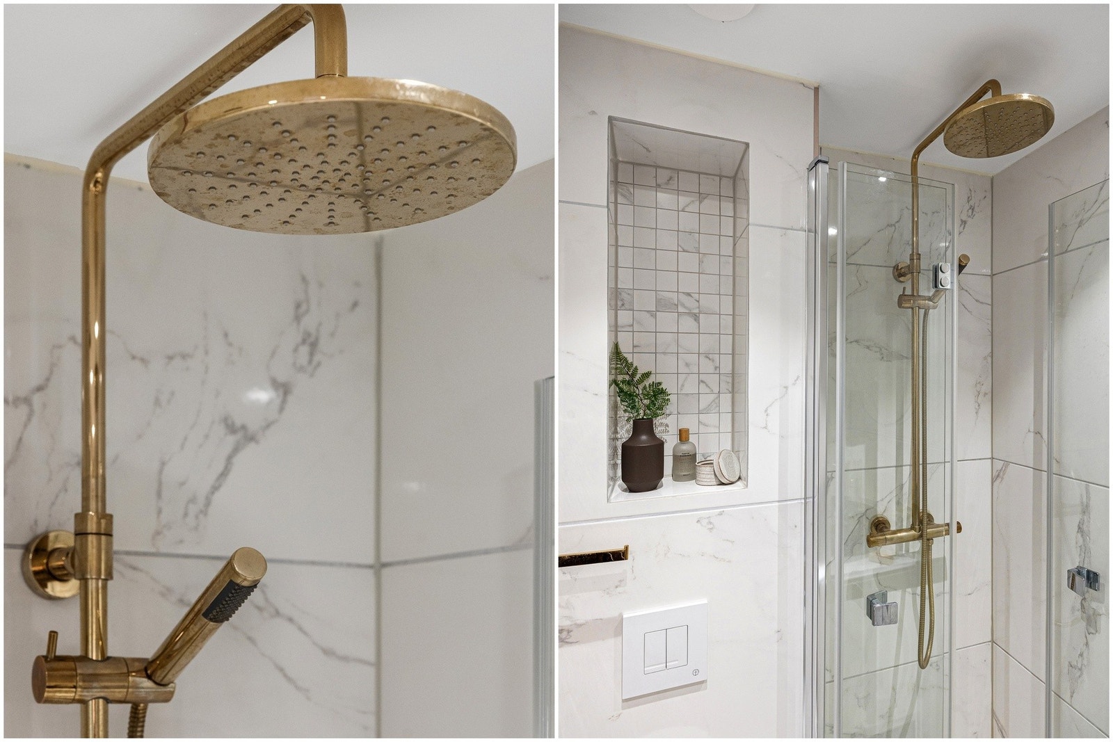 Inneholder frittstående servant, skuffer, veggmontert speil, dushjørne med regnfallsdusj og innfellbare dører i herdet glass. Vegghengt kloett. Galleribilde