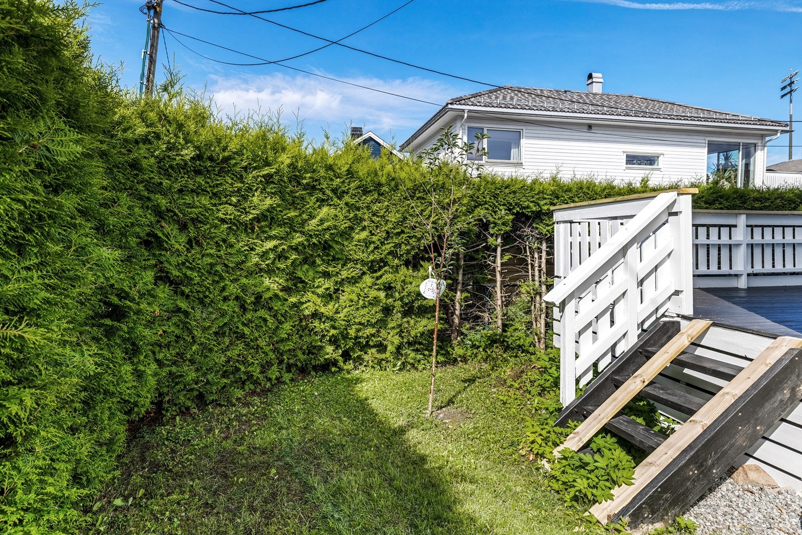 Fra terrassen er det trapp ned til den skjermede hagen. Galleribilde