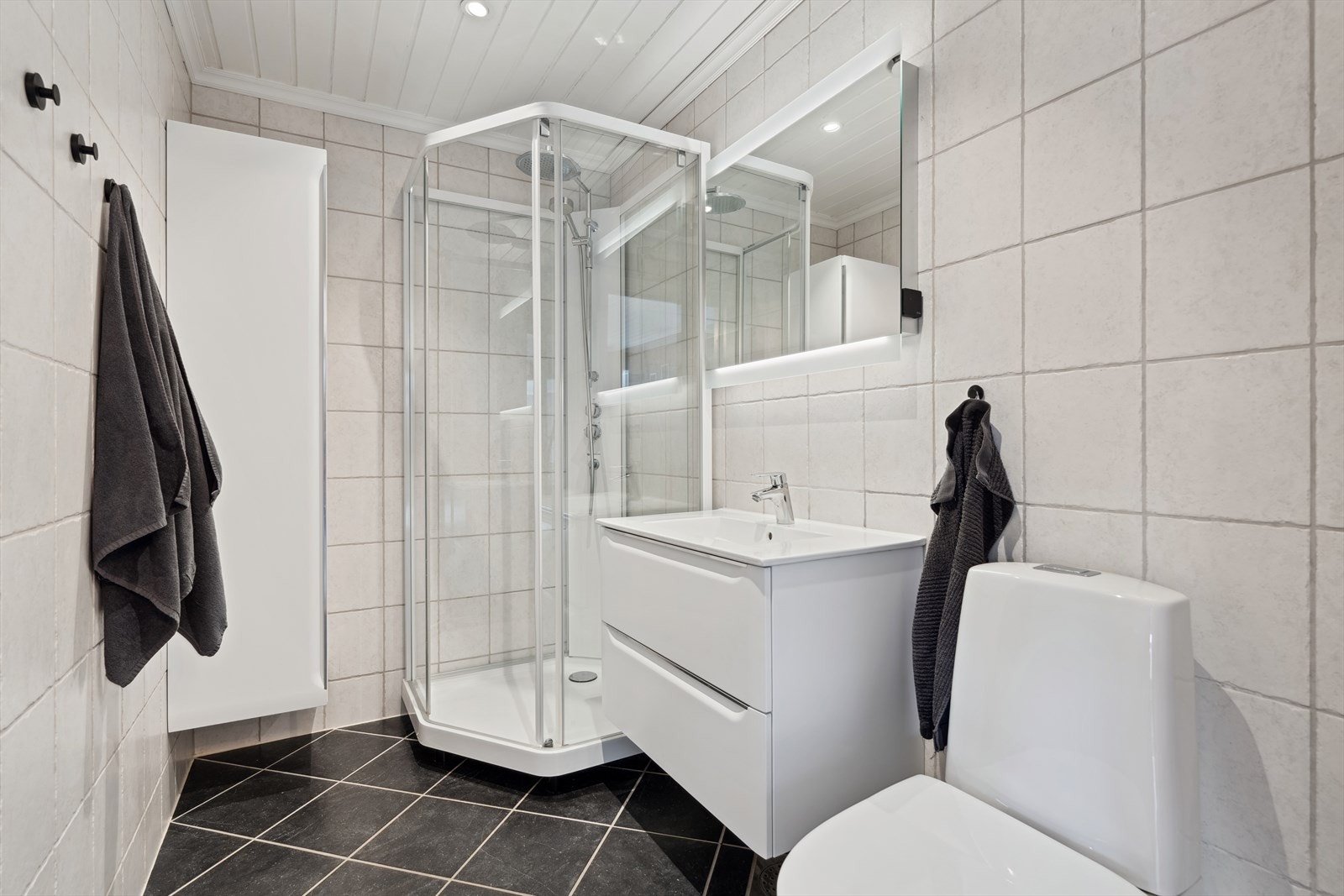 Baderom med dusjkabinett, WC, servant og skap i 1. etasje Galleribilde