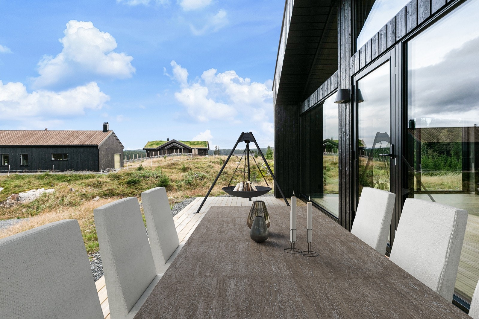 Terrasse. NB! Bildet er hentet fra tilsvarende fritidsbolig i prosjektet og er digitalt stylet. Utsynet vil variere noe grunnet tomtens plassering. Galleribilde