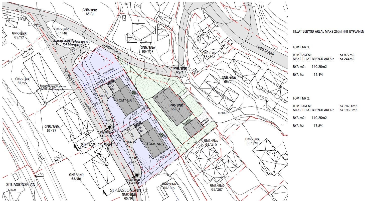Situasjonsplan ihht godkjent rammetillatelse. Eiendommen er angitt som tomt 2. Galleribilde