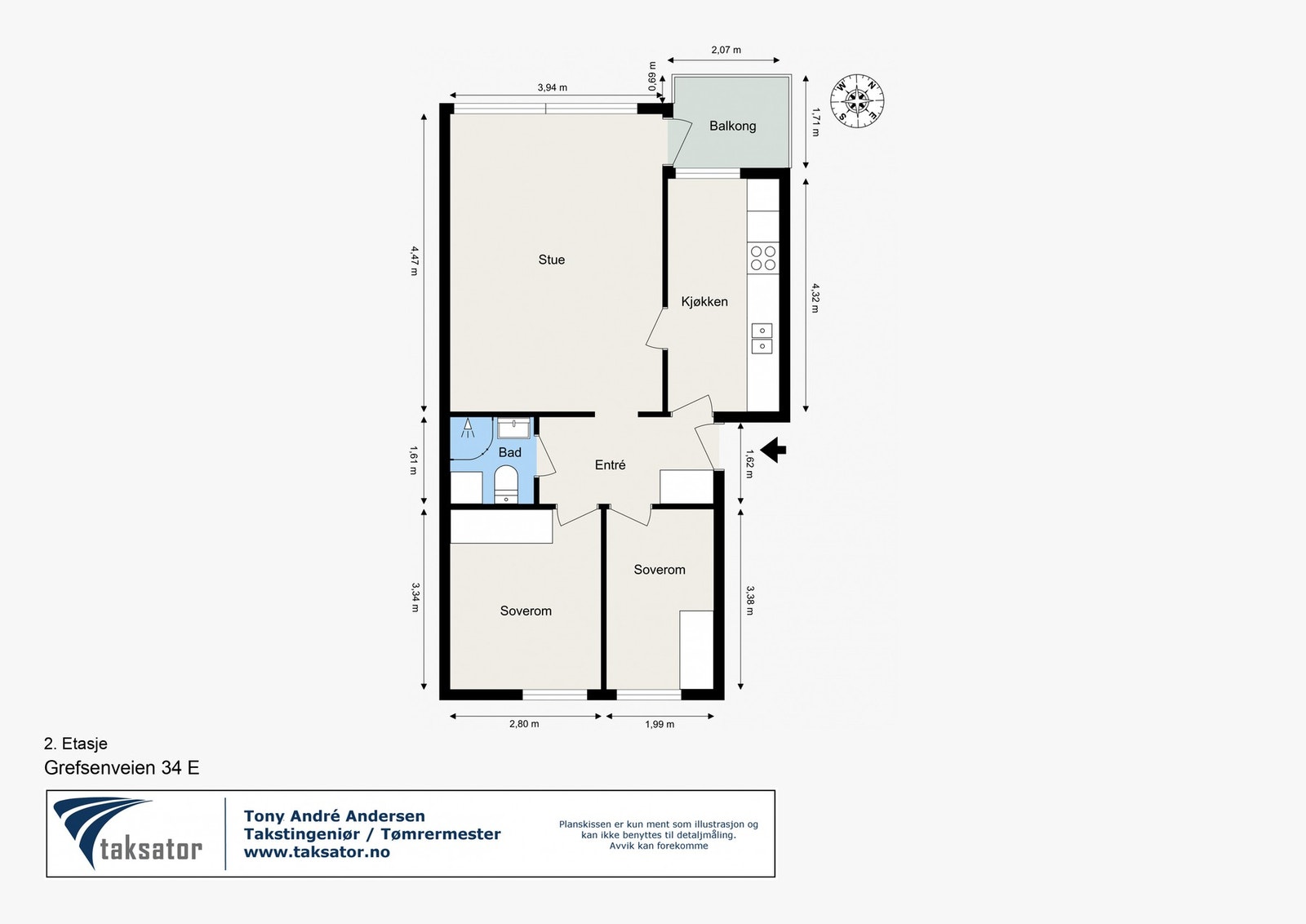 Leiligheten ligger i blokkens andre etg. og inneholder: Entré, bad, separat kjøkken, 2 soverom samt stue m/utgang til balkong.
Disponerer 2 stk. kjellerboder på ca. 10 kvm Galleribilde