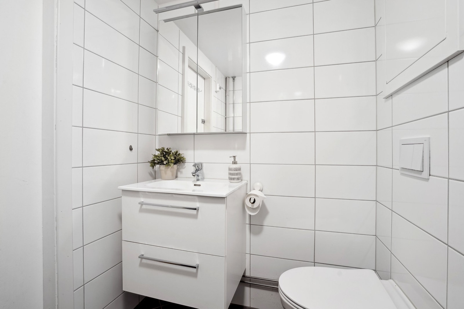 Speilskapet har innebygde hyller og gir god lagringsplass. Galleribilde