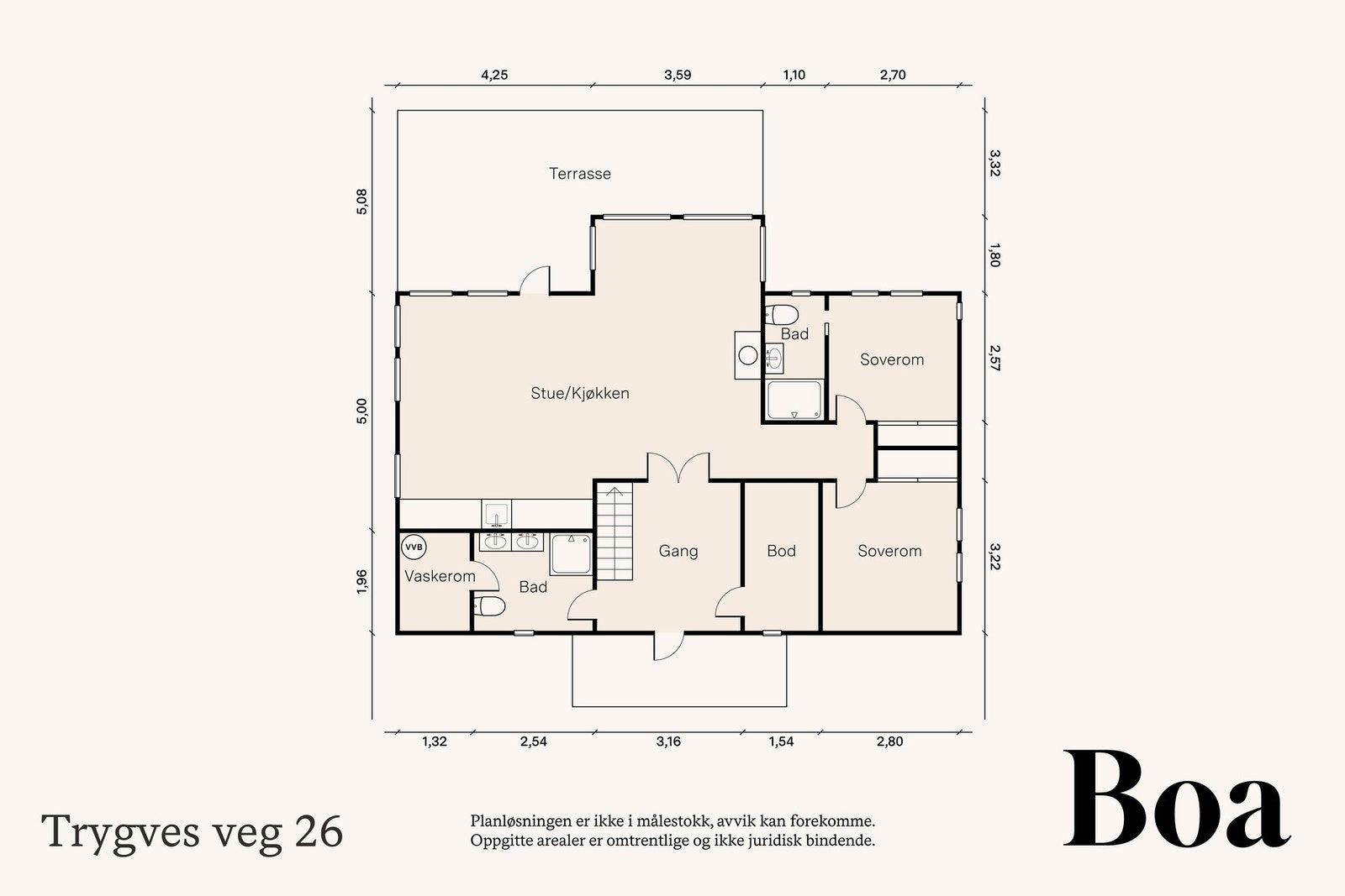 Romhøyde i stuen opptil 4,43 m og 2,32 i rom med flat himling.
Fra stue/spisestue er det utgang til terrasse på ca 35 kvm og videre til gapahuk på ca 11 kvm. * 2-delt utebod ved inngangssiden, på henholdsvis 5 og 8 kvm. Isolert og med innlagt strøm. Galleribilde