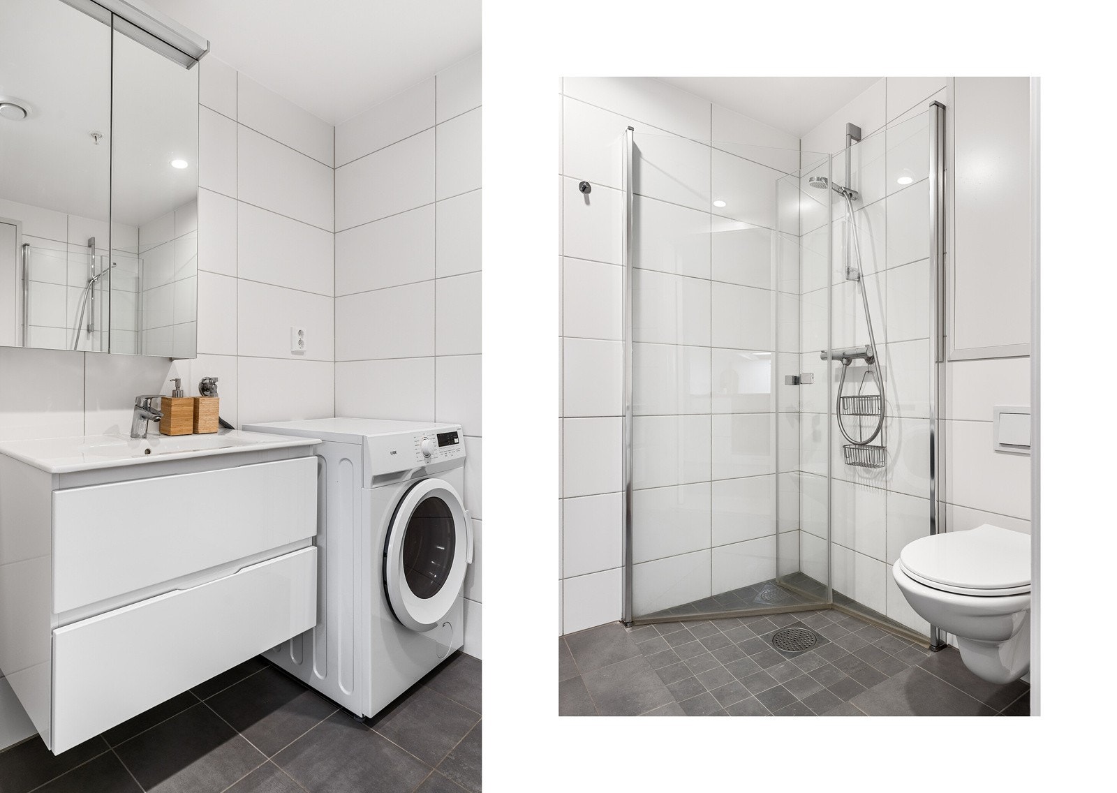 Innredningen består av nedfelt servant med skuffeseksjoner, opplegg for vaskemaskin, vegghengt toalett og dusj m/innfellbare dører. Galleribilde