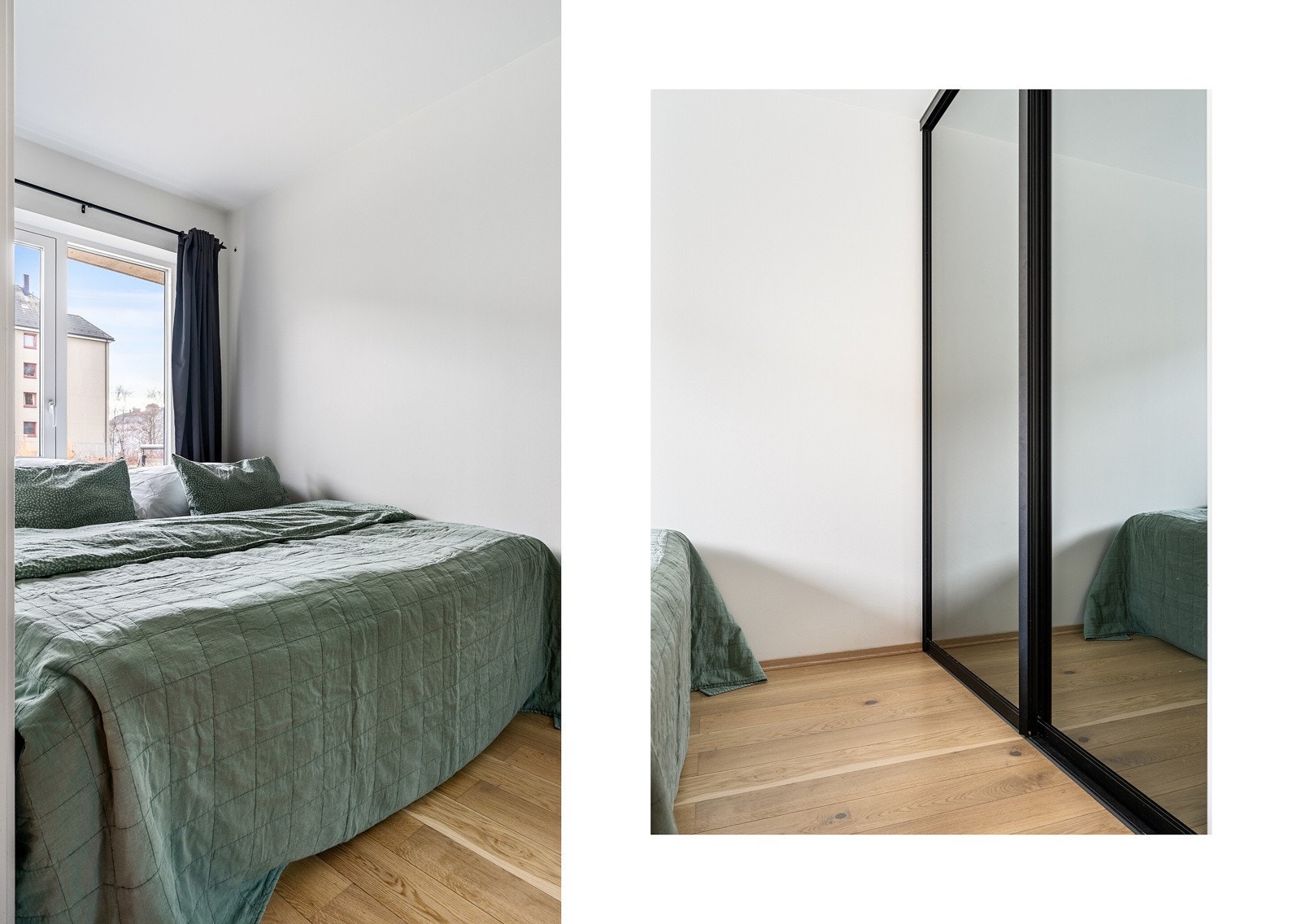 Rommet er innredet med en stor skyvedørsgarderobe fra Garderobemekka for oppbevaring av klær og sko. Galleribilde