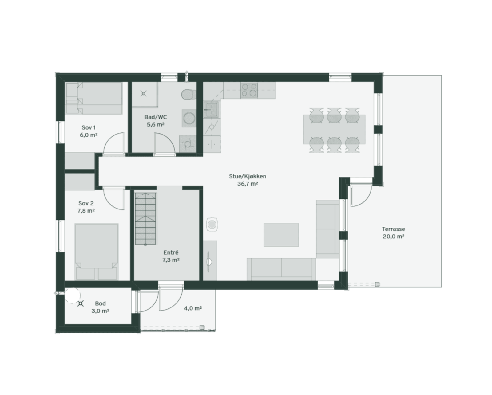Plantegning hovedplan Furutangen 75. Planløsning vil tilpasses tomten og kundens ønsker ved utarb. av situasjonsplan Galleribilde