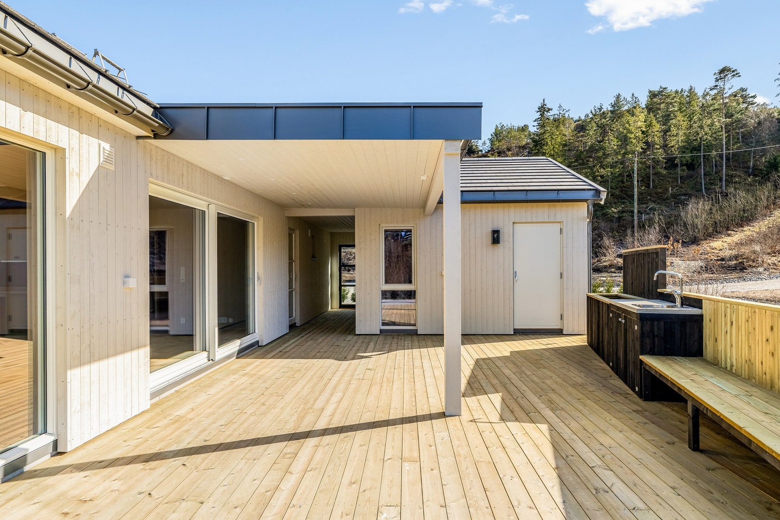 Terrassen har direkte utgang fra stua. Siden den norske sommeren kan være lunefull er det praktisk med overbygd terrasse. Galleribilde