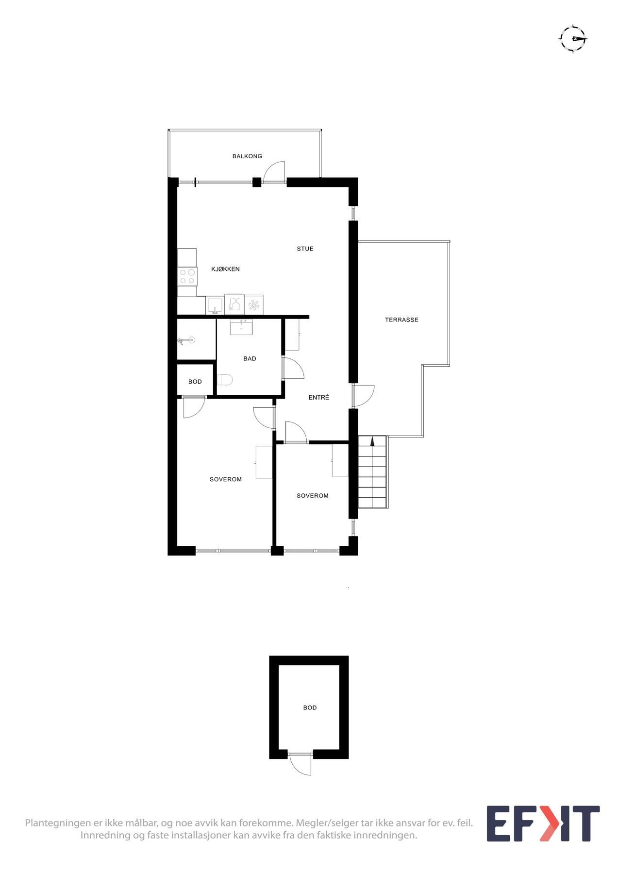 Planskisser over leiligheten i 2.etasje og utvendig bod på bakkeplan. Galleribilde