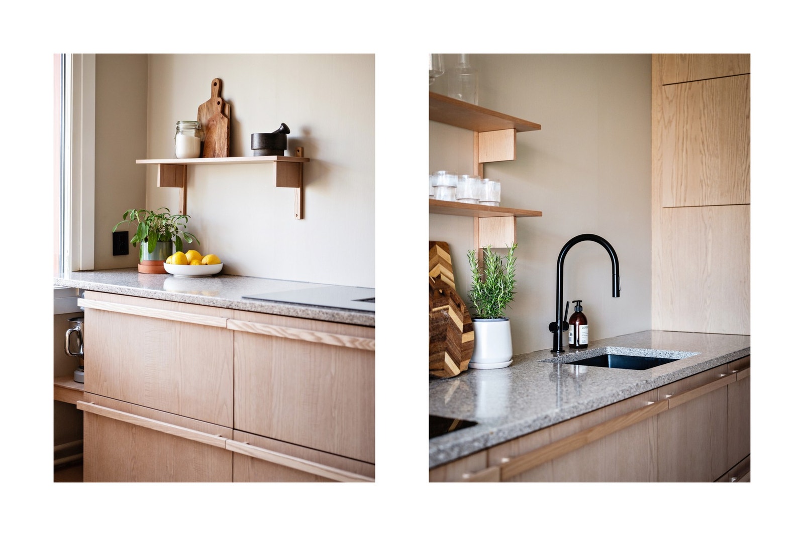 Innredningen har meget lekre fronter, benkeplate i kvarts og underlimt oppvaskkum i sort kompositt. Galleribilde