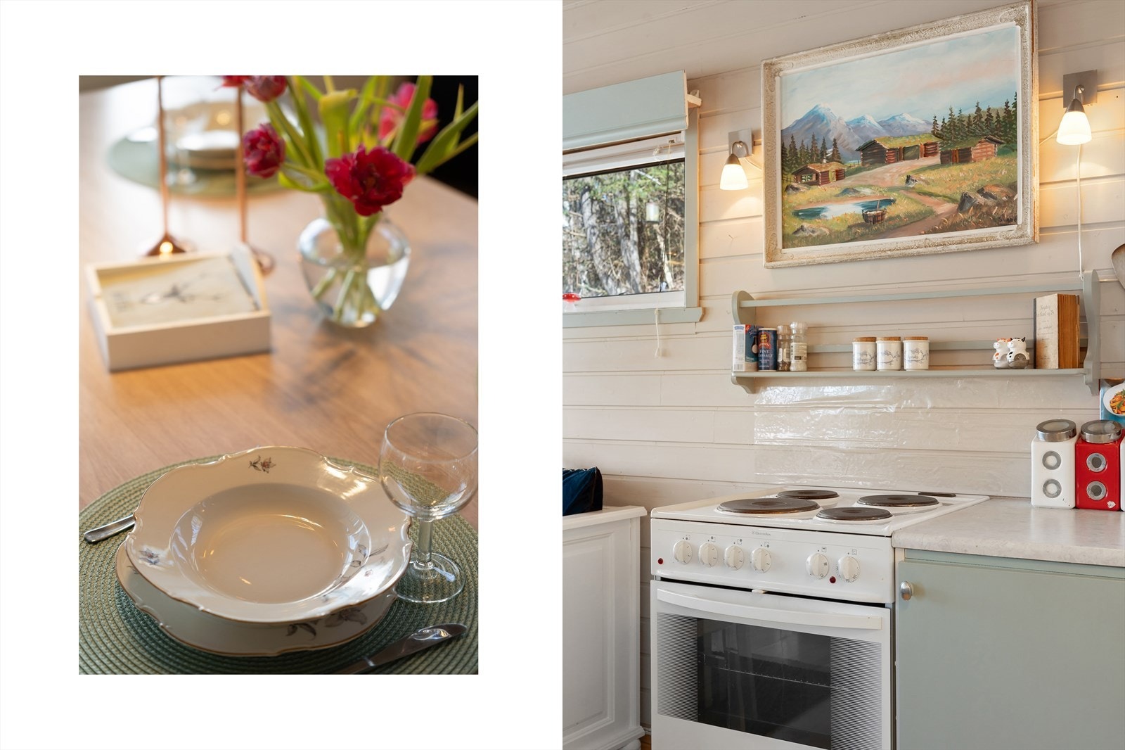 Kjøkkeninnredningen er malt i behagelige farger med lys benkeplate Galleribilde