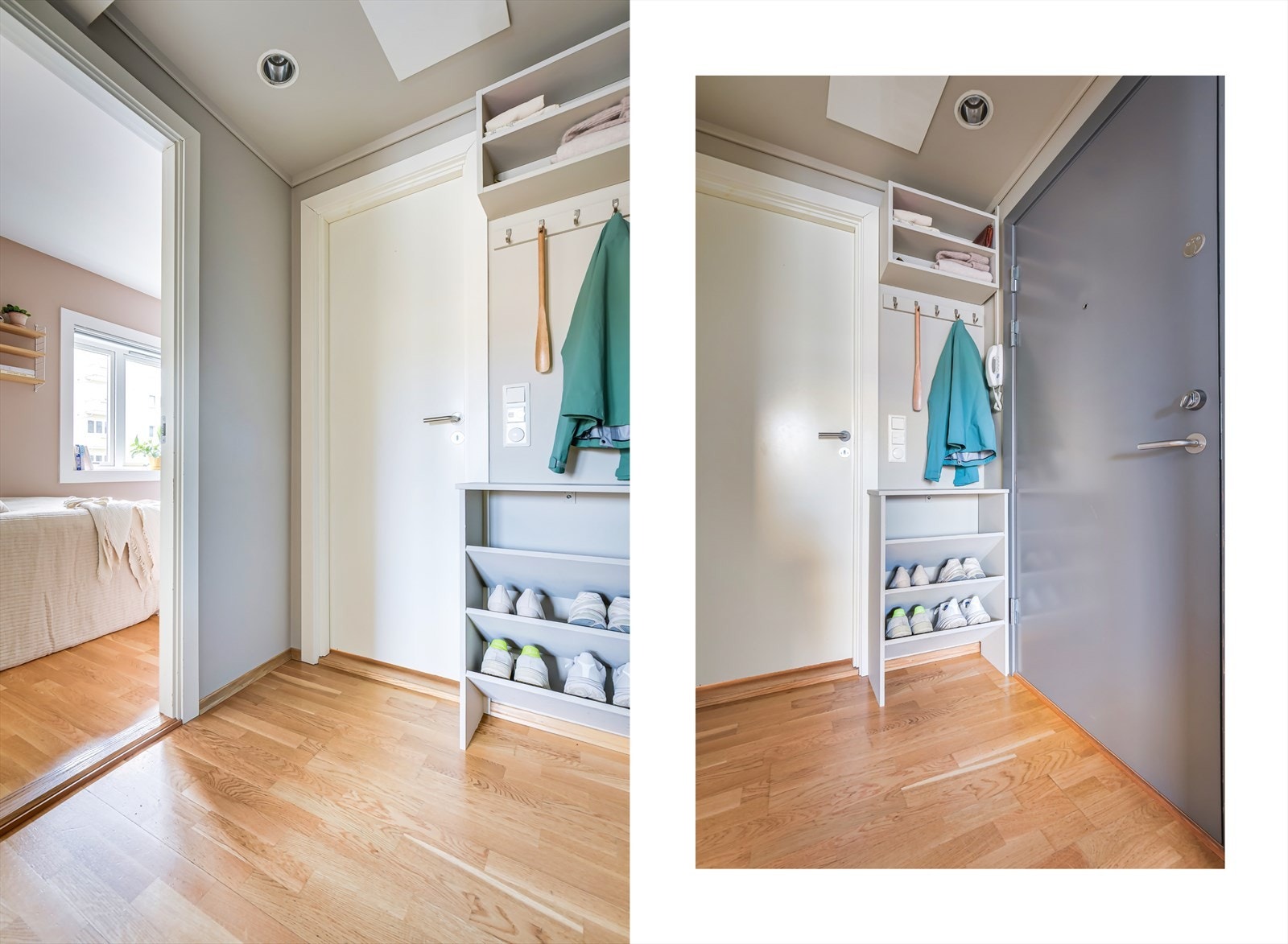 Du blir møtt av en innbydende entré som har plass for oppheng av jakker og lagring av sko. I tillegg har du ekstra lagringsplass i kjeller- og loftsbod. Galleribilde