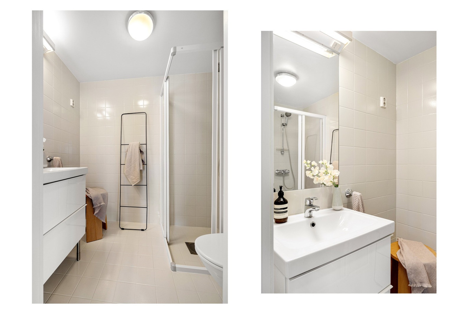 Badet er av god størrelse og er i dag utstyrt med servantinnredning med to skuffer for oppbevaring, speil over servanten, dusjhjørne og toalett. Galleribilde