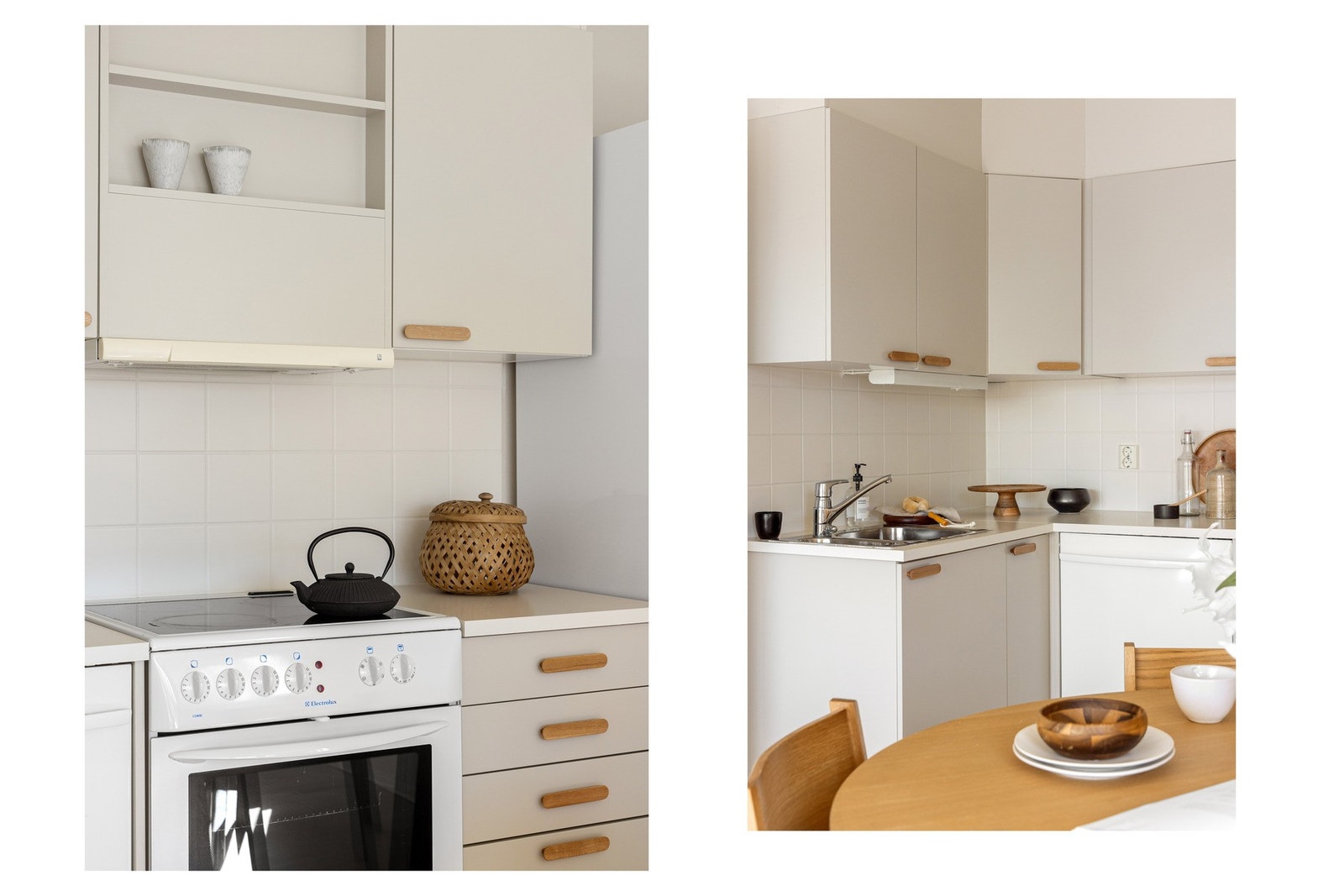 Kjøkkeninnredningen er tidløs opprinnelig fra 2005, men i 2025 ble den malt opp. Galleribilde