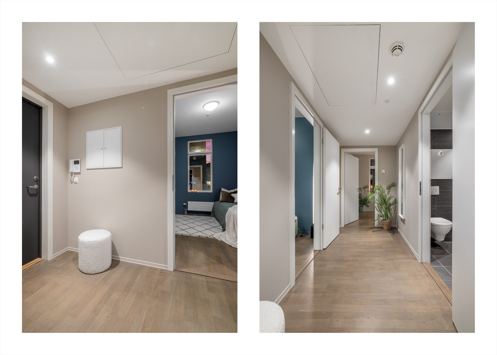 Praktisk entrè med god plass til oppbevaring av yttertøy og sko. Videre er det montert dørcalling ved inngangsdør Galleribilde