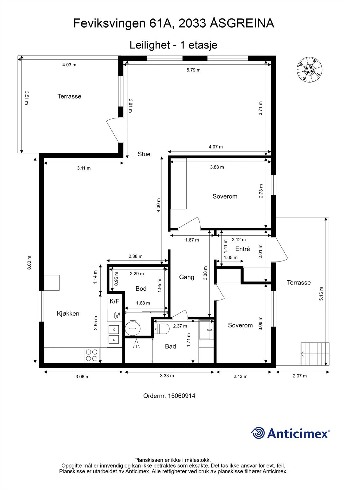 Plantegning med innvendige mål og himmelretning. Galleribilde