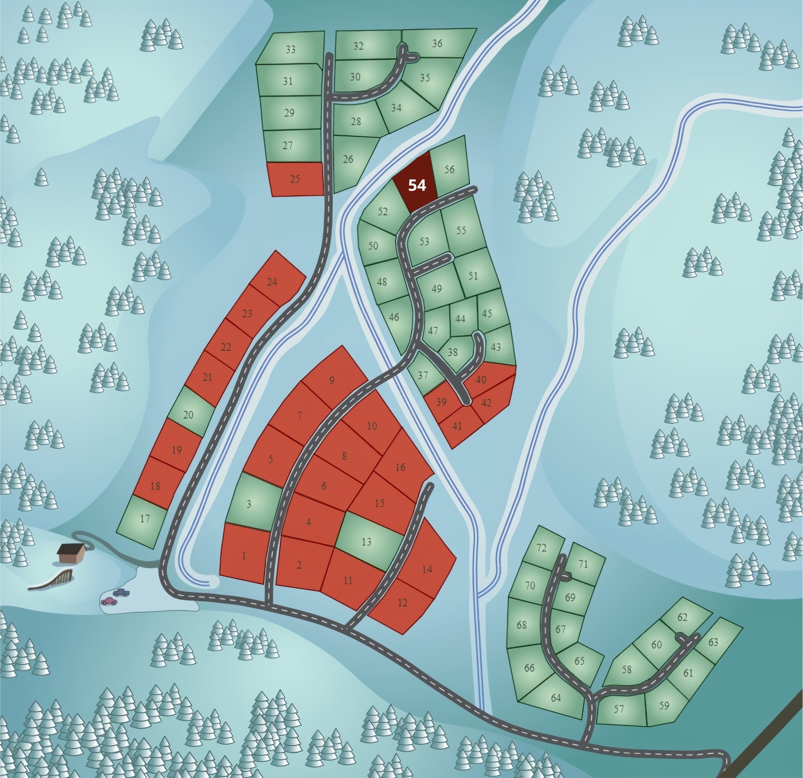 Tomtekart over Jakobsåsen Hyttefelt. Tomt nr 54 er markert i Røros-rødt. Galleribilde