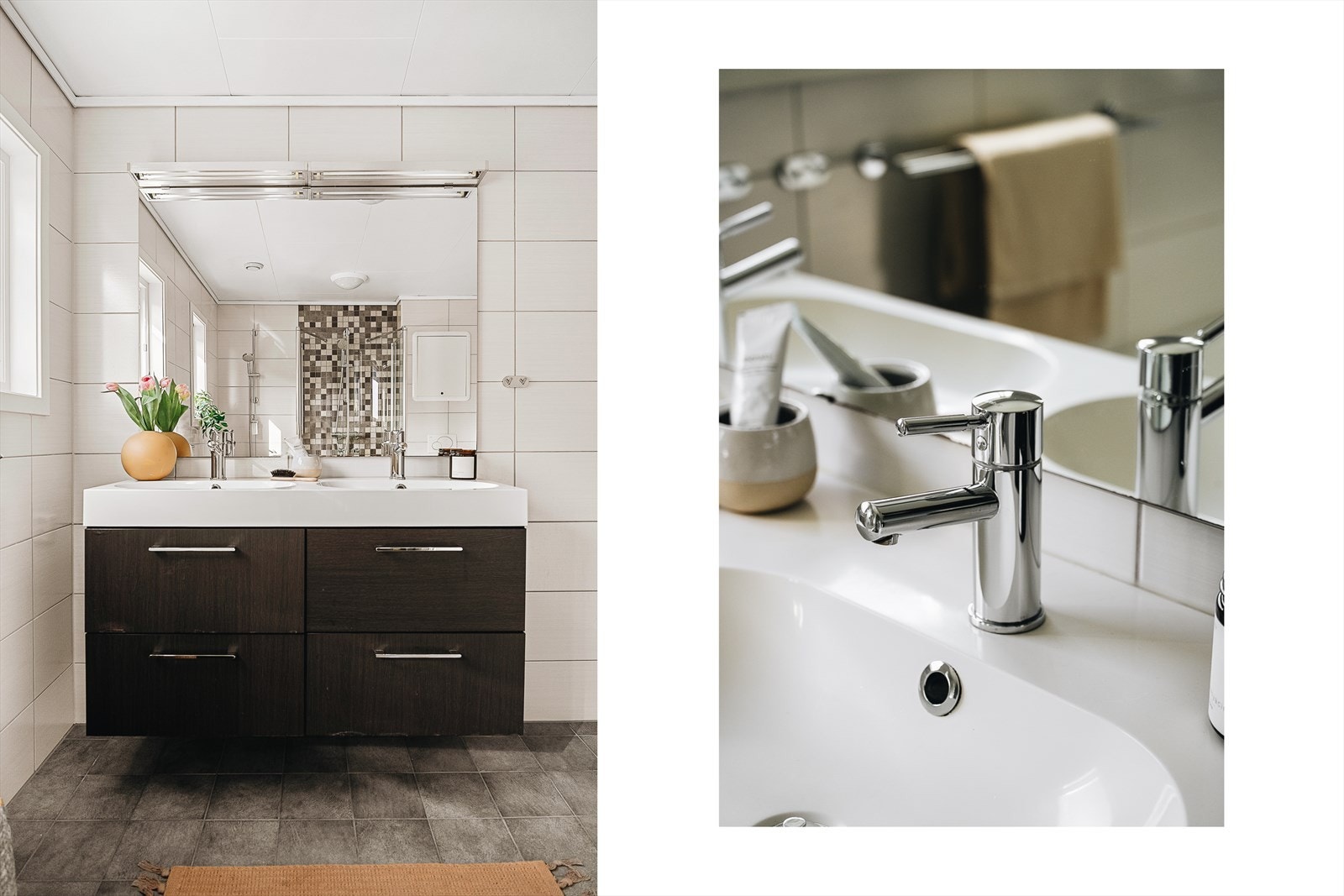 Badet er fra 2011, har en god størrelse og er innredet med vegghengt toalett, dusj med glassfoldedører, badekar og dobbel servant. Galleribilde